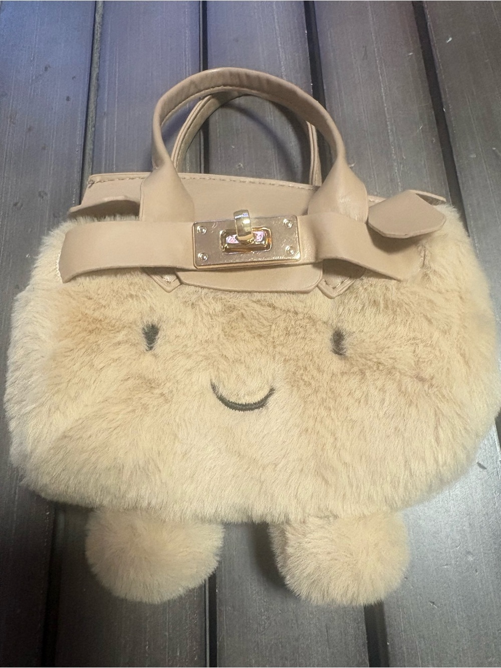 Kids Cream Faux Fur Smiley Handbag